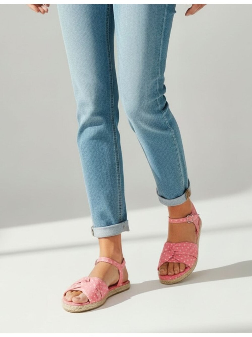 Polka Dot Blush Espadrille Sandals With Bow Detail & Adjustable Strap